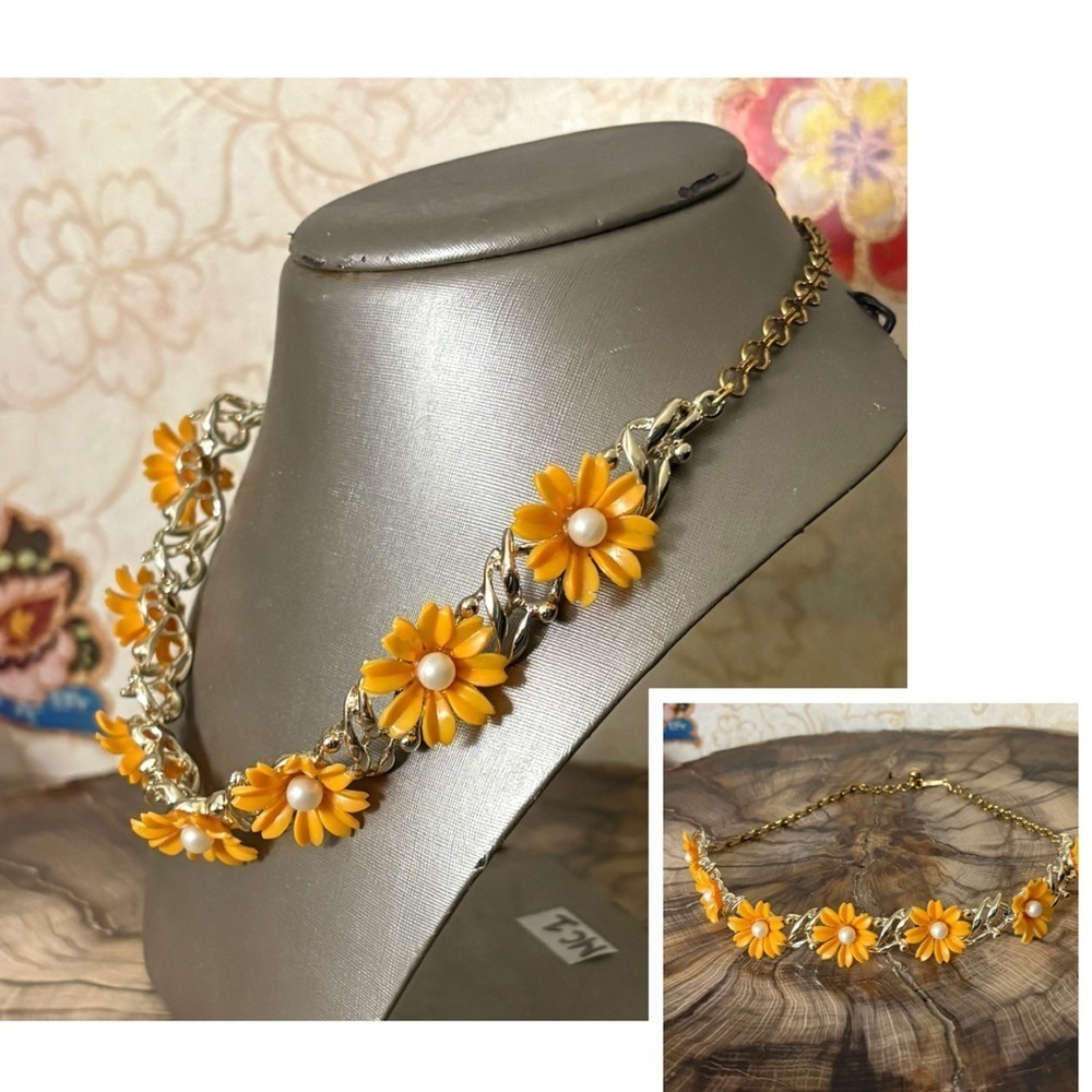 Orange Flowers with Pearl Center Gold Chain Choker Necklace